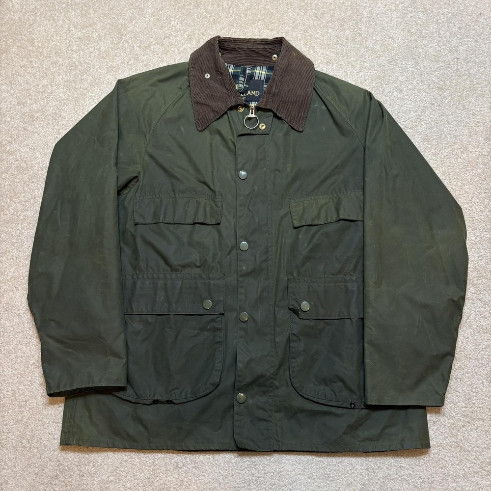 Vtg Lakeland Jacket SZ 42 Green Waxed Chore Coat Field Corduroy Collar Hunting